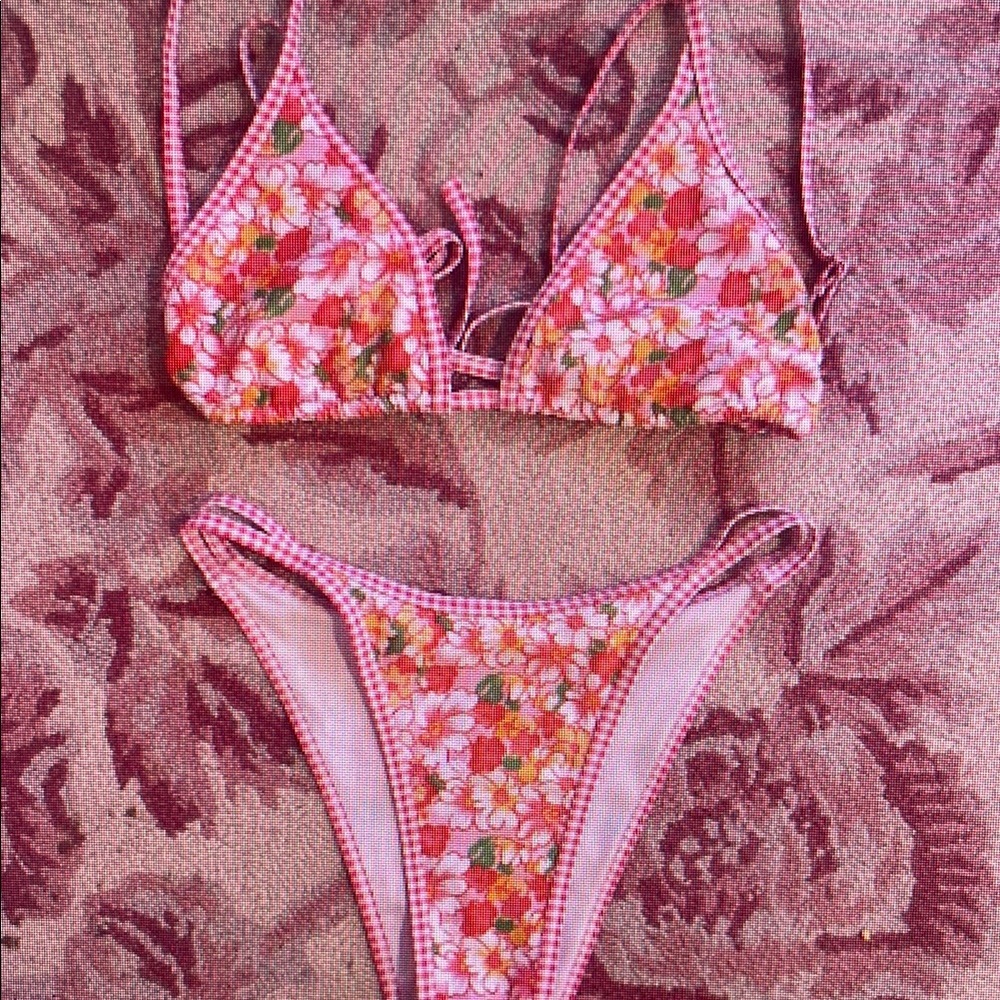 Floral Bikini Set with Pink Gingham Trim